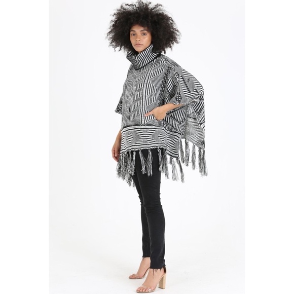 ANGIE Black & White Cowl Neck Poncho with Fringe - Picture 4 of 7